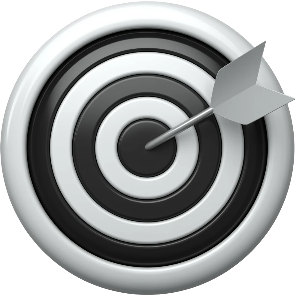 Take the 🎯 target/bullseye emoji and recreate it as a 3D chrome metallic icon.  Liquid silver material, glossy reflections, black and white only,  dramatic studio lighting, white background,  ultra sharp render, 512x512px, no text,  same shape and silhouette as the original emoji emoji