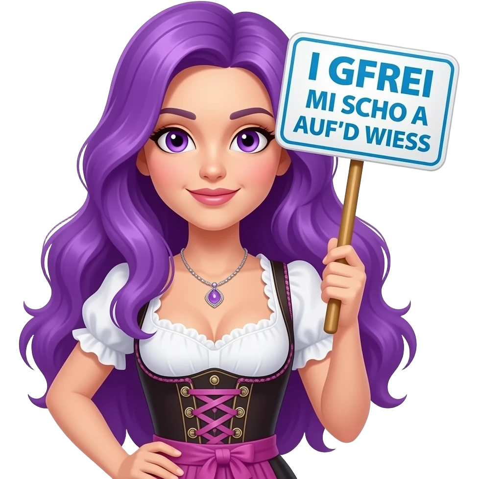 sexy girl with long purple hair and purple eyes wearing a dirndl holding a I GFREI MI SCHO AUF'D WIESN sign emoji
