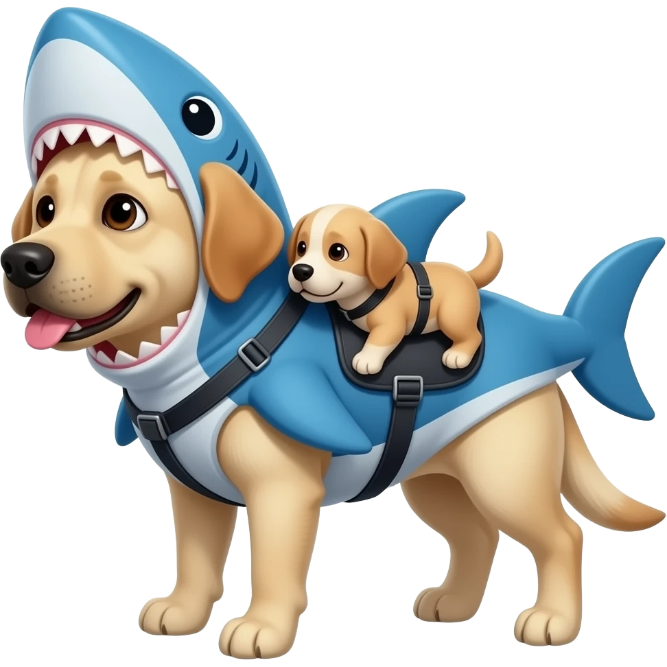 Hazme un emoji de un perro labrador,con un traje de tiburón azul,y haz que lleve en un arnés a otro perro bebe emoji