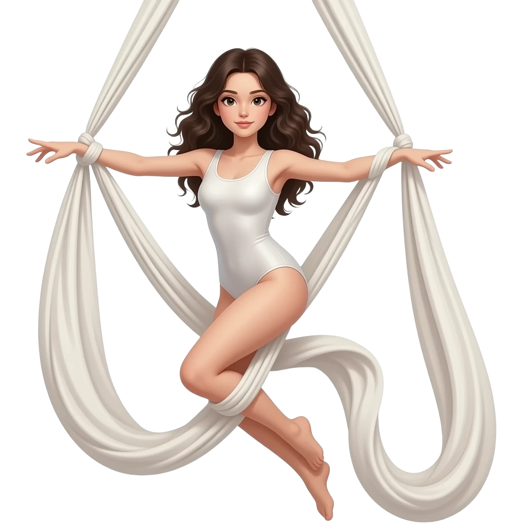 crea un emoji di una ragazza mora con la pelle chiara che fa danza aerea sui tessuti aerei con una tuta stretta emoji