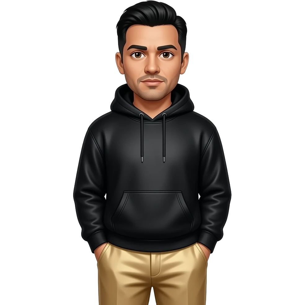 Chino Moreno with dark brown eyes, black hair, black metallic sweatshirt, beige metallic loose pants emoji