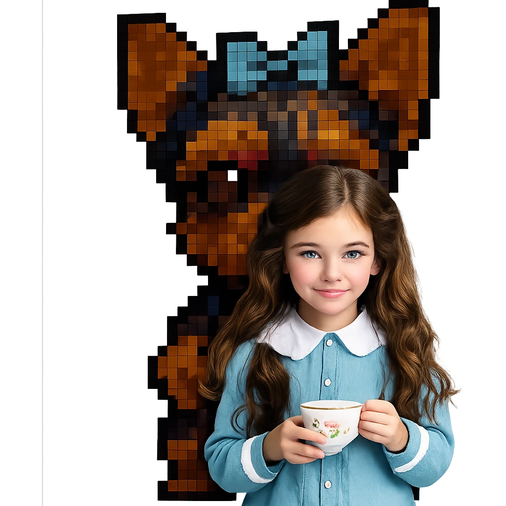 Make the yorkie dog much bigger, keep the 11 year old girl with freckles and long wavy brown hair, preserve the look of pixel art style, no background. emoji