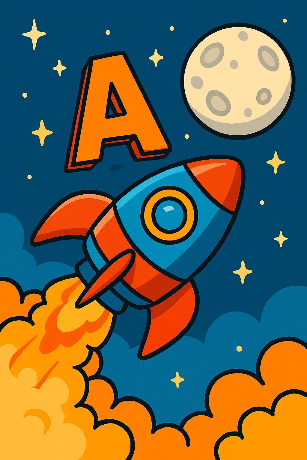 capital letter sitting on top of a rocket blasting off toward the moon, cartoon style, vibrant colors emoji