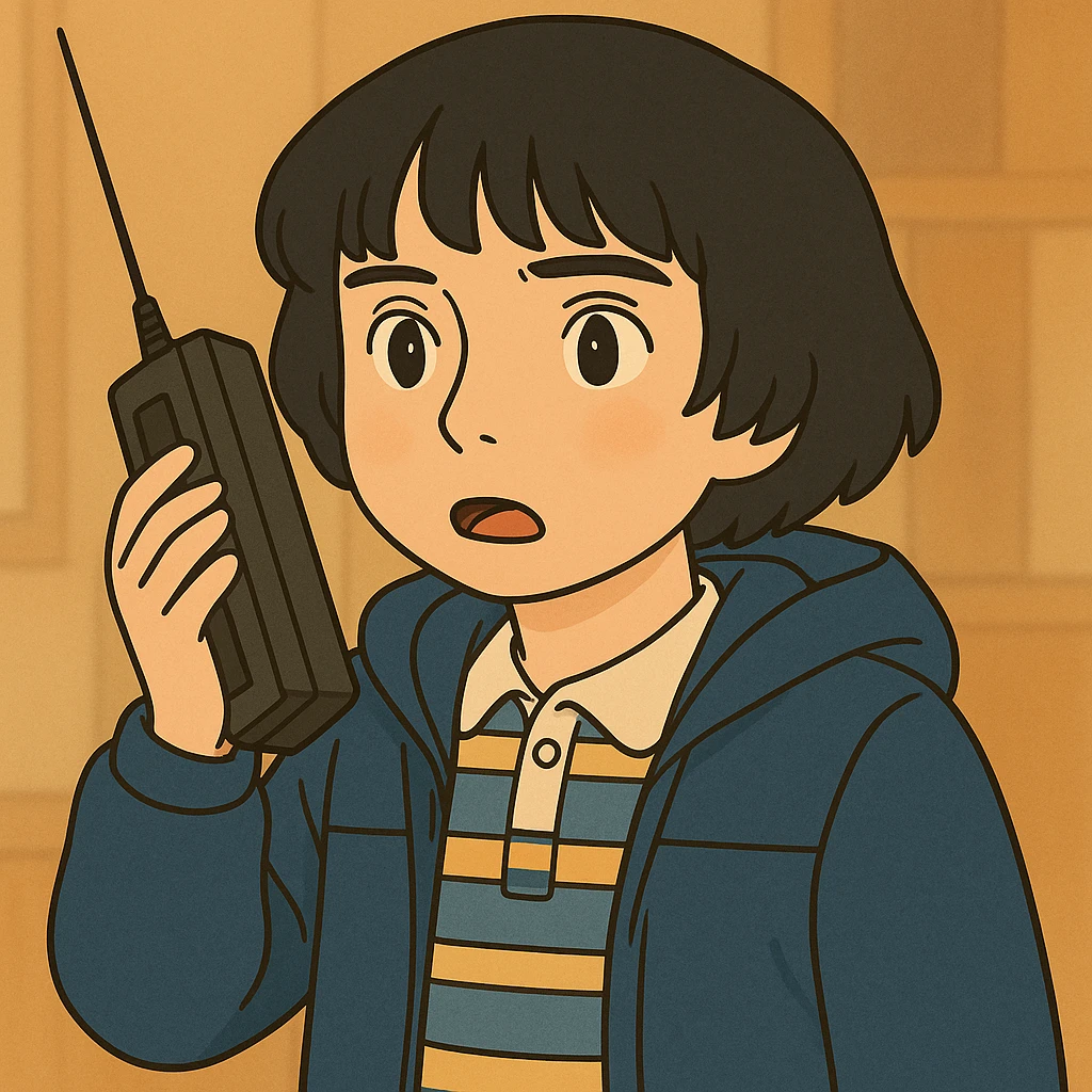 Mike Wheeler with a short bowl haircut, wearing iconic first season clothes (blue striped shirt and jacket), simple and delicate line art, colored in pastel tones, with thick and dark outlines, in Ghibli style, 1:1 format. emoji