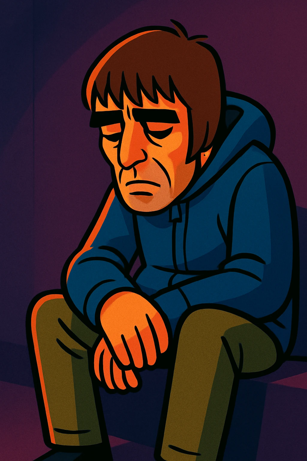 Liam Gallagher sitting alone, looking down, sad mood, moody lighting, expressive face emoji