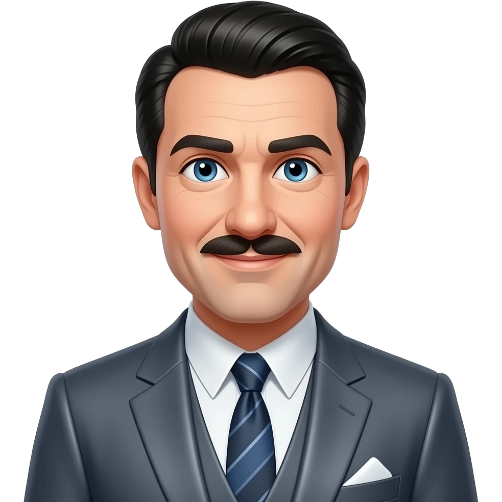 Walt Disney with blue eyes, black hair and thin mustache, slate metallic suit emoji