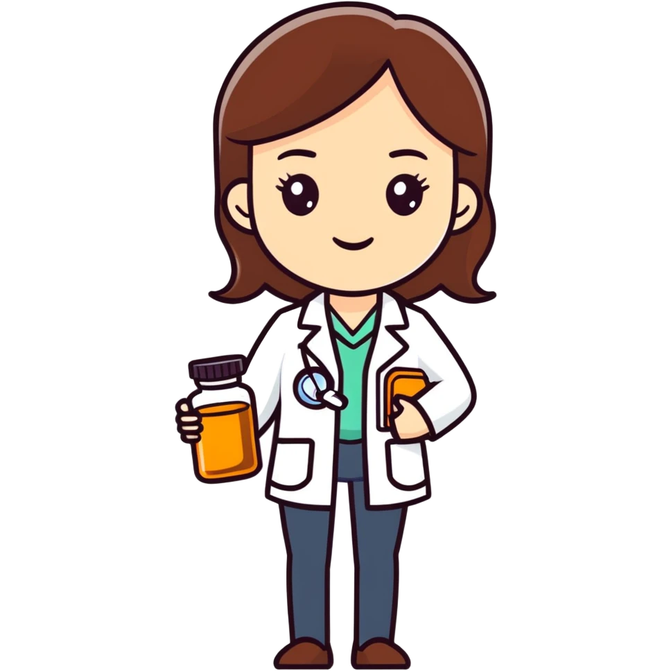 Brunette female Pharmacist holding an amber pill bottle emoji