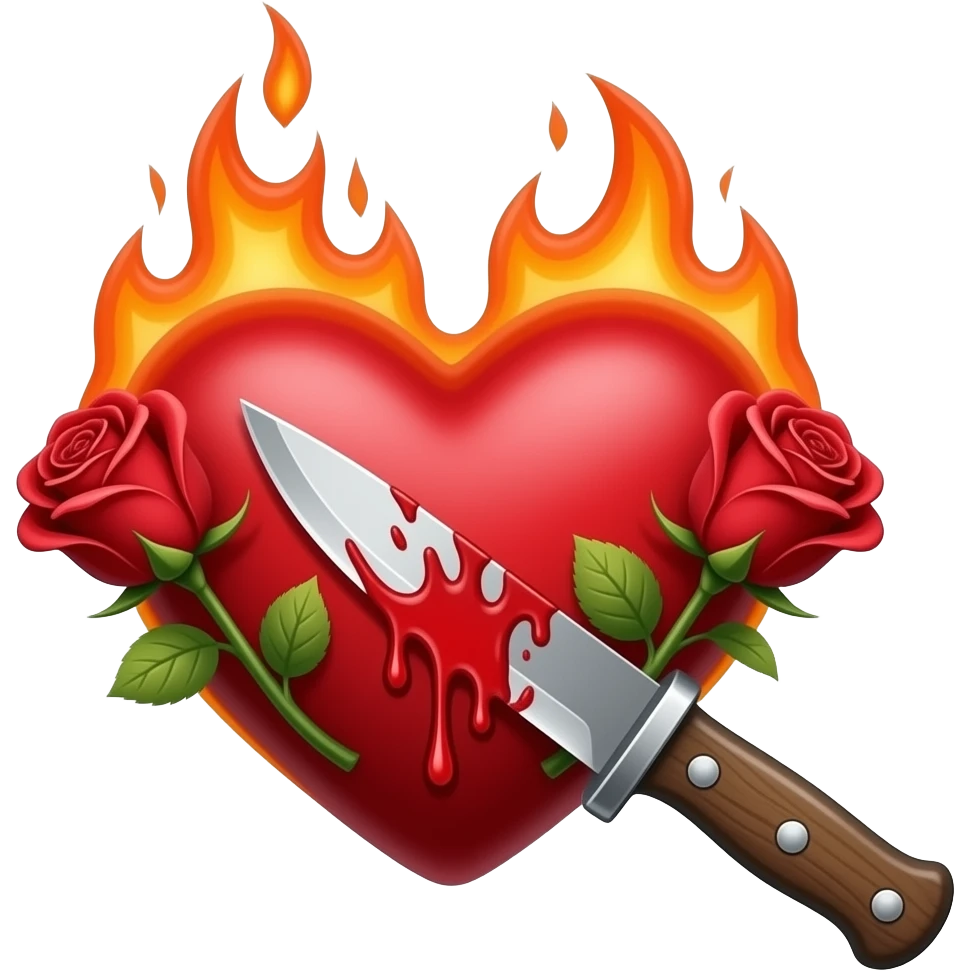 flaming red heart with roses, bleeding with knife emoji