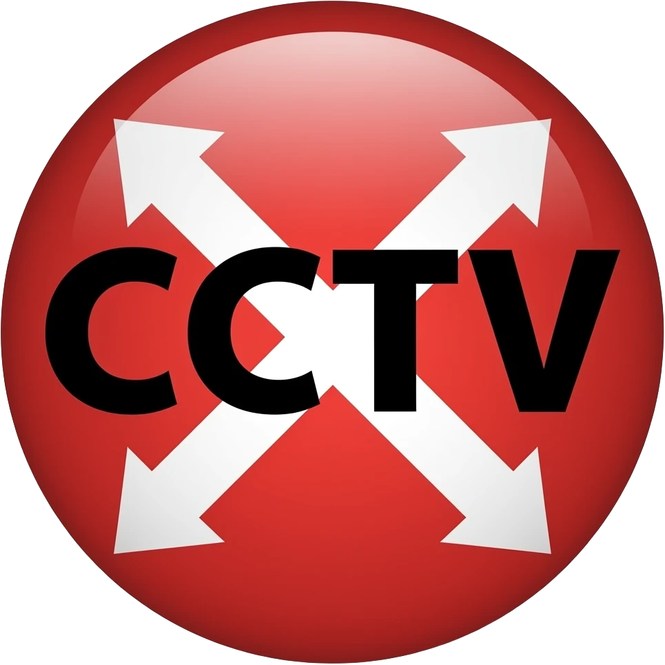 Red filled circle with white X and arrow on all end points on the X white circle in the middle. Big bold CCTV word in the centre in black emoji