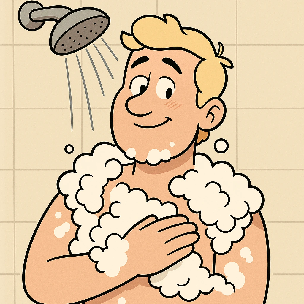 blonde man under showerhead, lots of foam, happy, modest, no explicit details, cartoon style emoji
