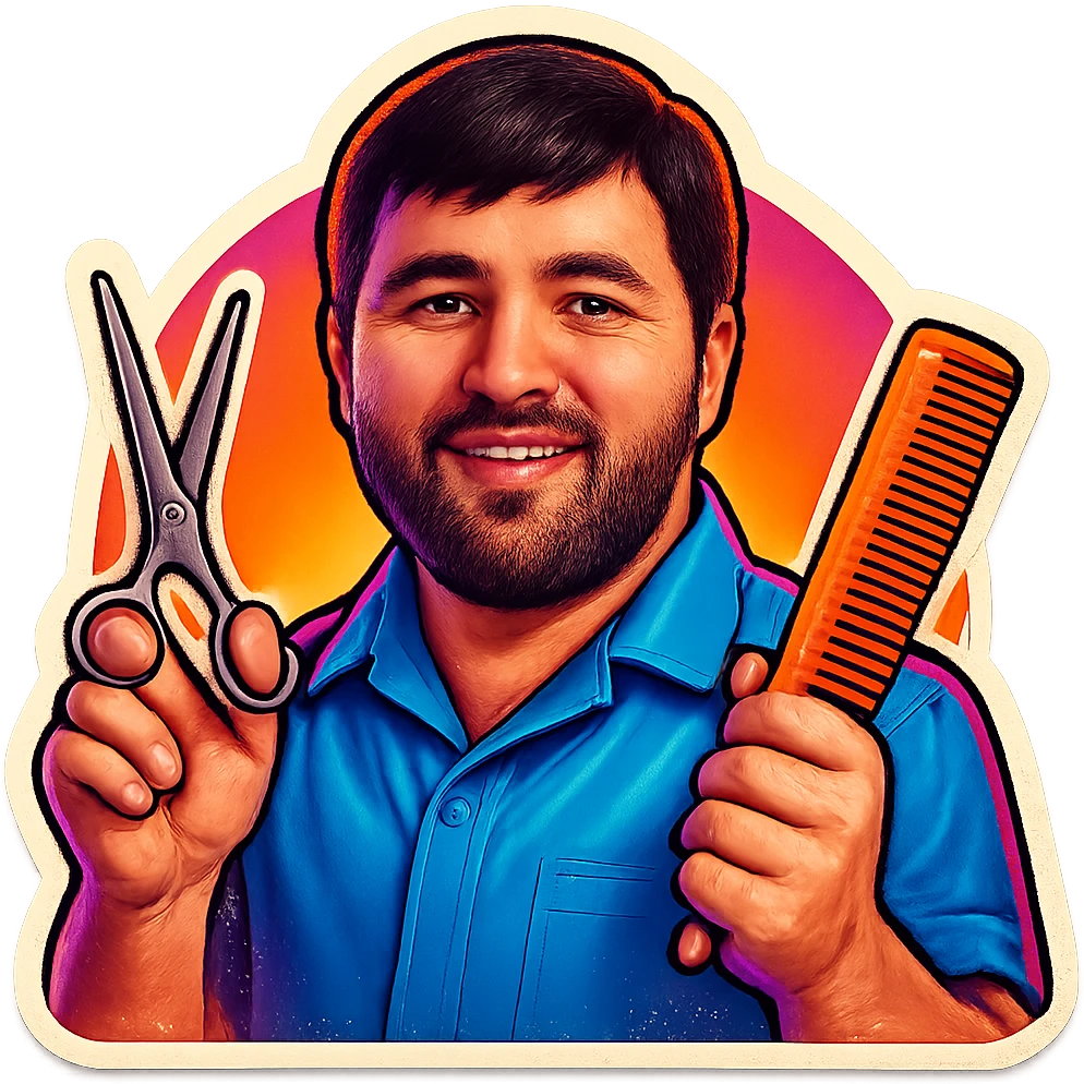 mana shu odamni sartarosh rolida tasvirla qo'lida soch oladigan uskunasi ham bo'lsin.  emoji