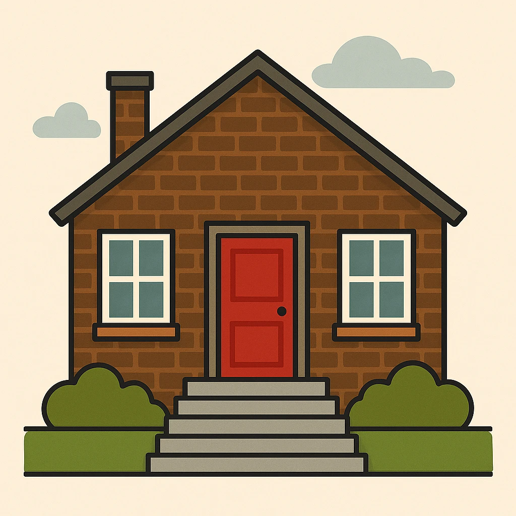 Add five stairs leading up to the front door of the brown brick house. Keep the style and background the same as the original image. emoji