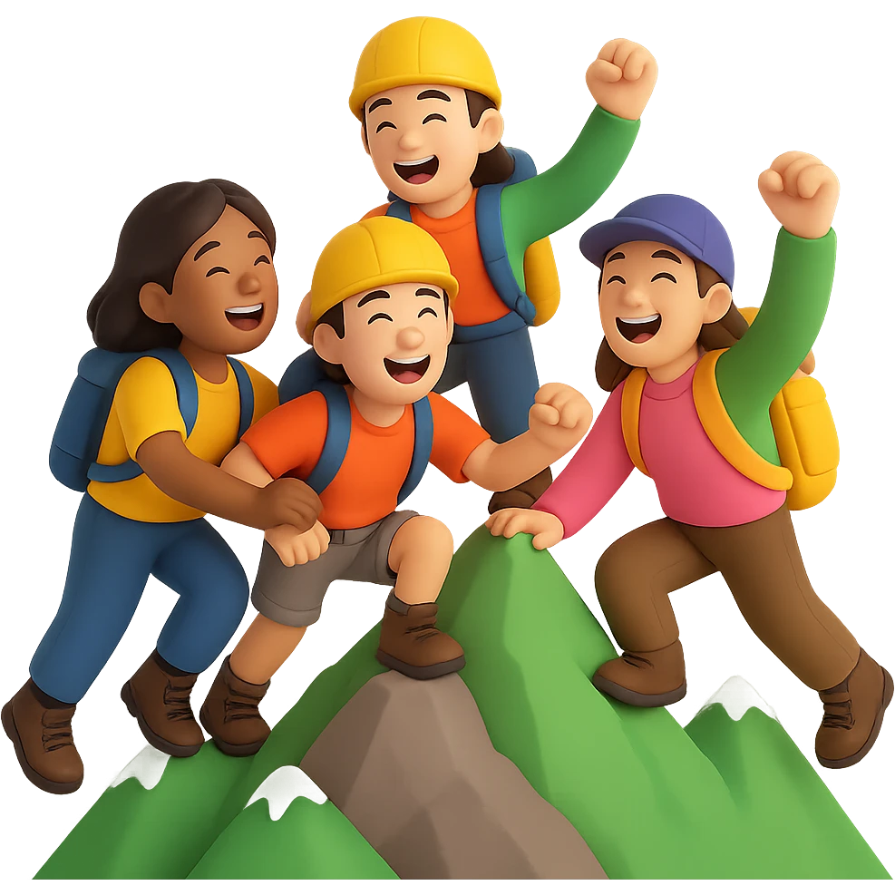 Illustrate a group climb with several people climbing a mountain together, all laughing joyfully and full of energy. Maintain the 3D emoji style and ensure the background is removed for a clean look. emoji