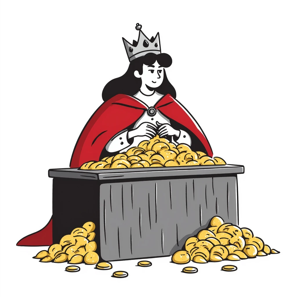 Fantasy merchant king with red cape and crown, counting gold coins, DnD style character emoji