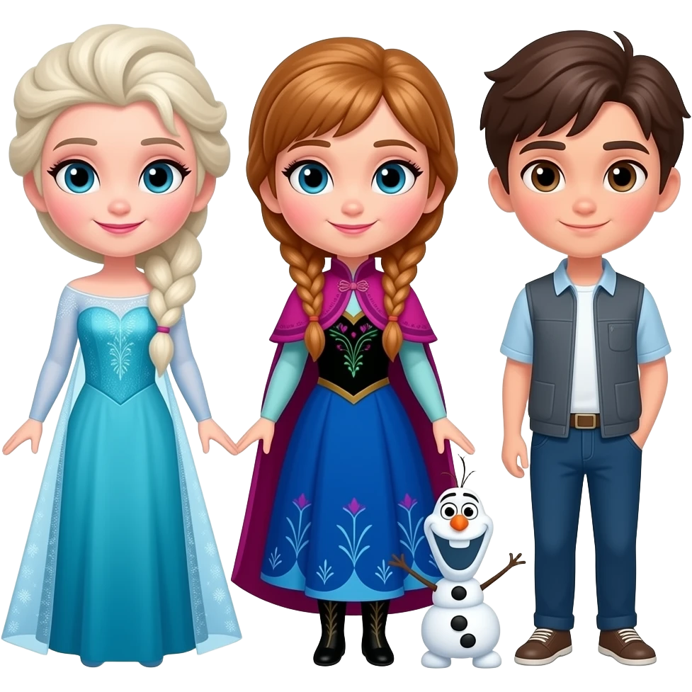 이 이모지 엘사와 안나를 한국여자아이들 얼굴로 바꿔줘. 아래쪽에 드레스와 올라프도 더 보이게해줘. 그리고, 오른쪽에 남자아이를 한명 더 추가해줘. emoji