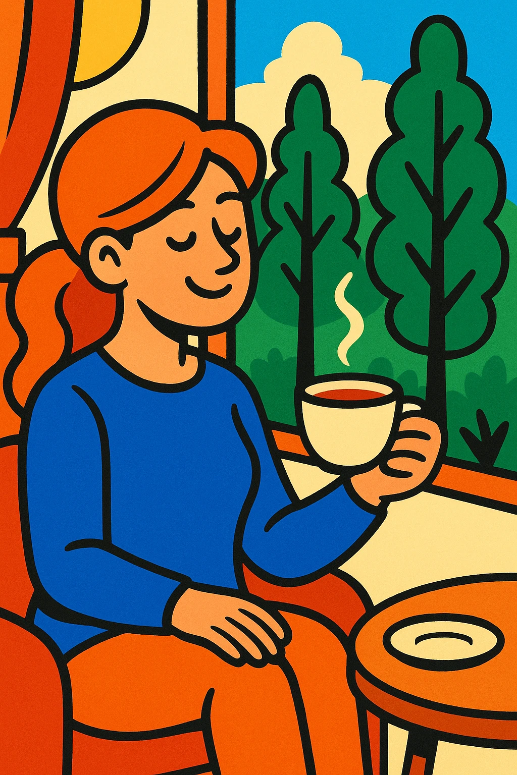 A woman enjoying tea by a window with a forest view emoji