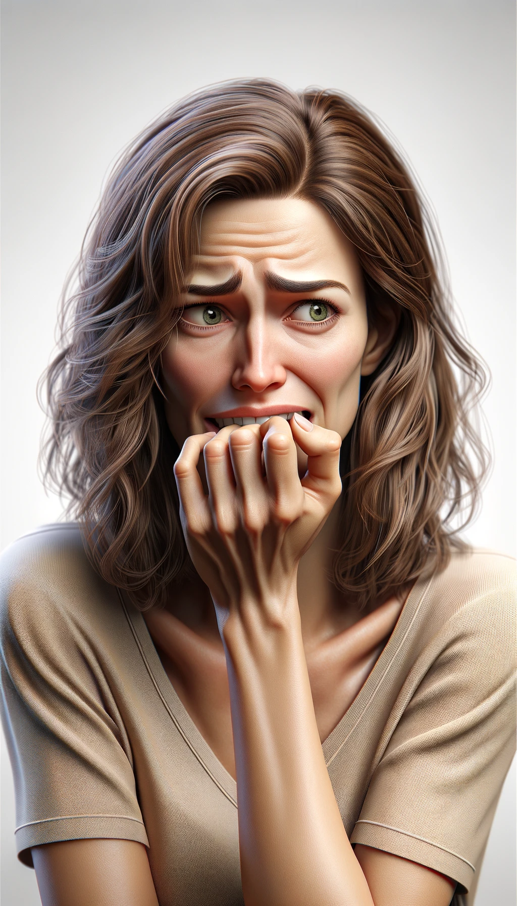 DONNA  che si mangia le unghie per il nervosismo, sfondo chiaro, iperrealistica 4k emoji