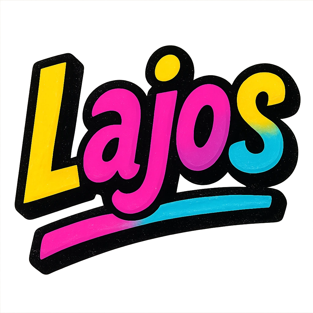 Lajos name in modern colorful gradient font with dark outline, dynamic slanted or partial underline, transparent background, in the style of reference patterns emoji