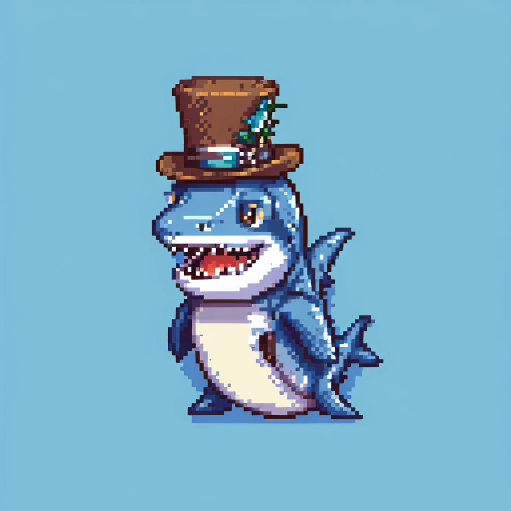 pixel art shark in a tophat, smiling, blue background emoji