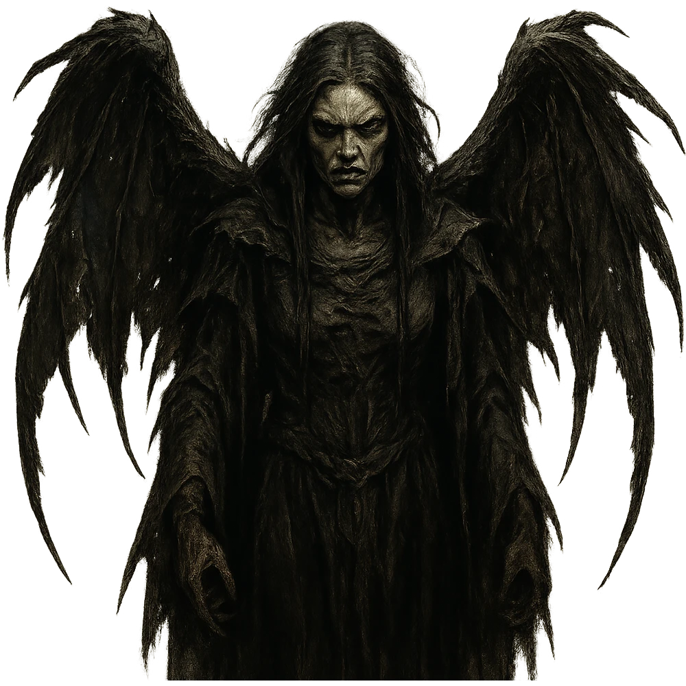 A dark angel with tattered wings and a fierce expression, in a dark, eerie fantasy style. emoji