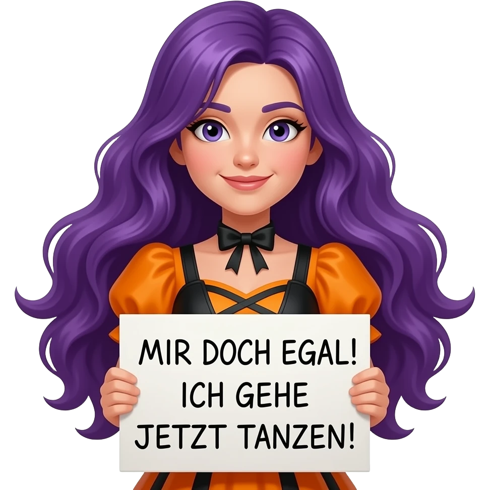 girl with long purple hair wearing a halloween costume holding a MIR DOCH EGAL! ICH GEHE JETZT TANZEN! sign emoji