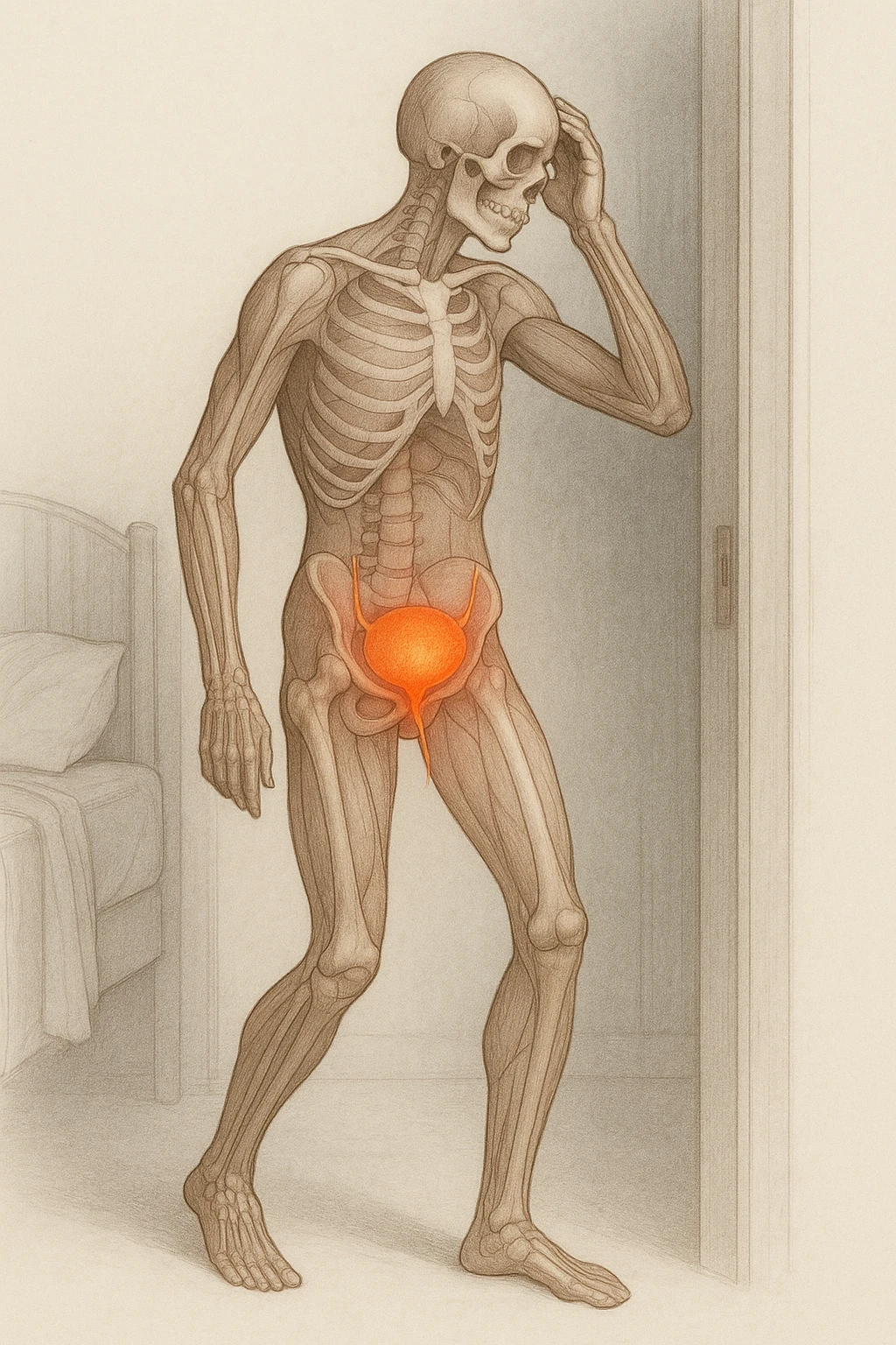 CORPO UMANO ANATOMICO CHE SI SVEGLIA LA NOTTE PER SVUOTARE LA VESCICA, VESCICA ANATOMICA IN EVIDENZA, SFONDO CHIARO NEUTRO emoji