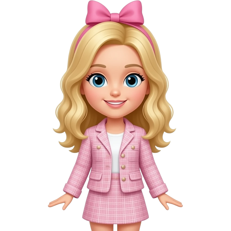 Blonde girl with a pink bow wearing a light pink tweed jacket and skirt set emoji