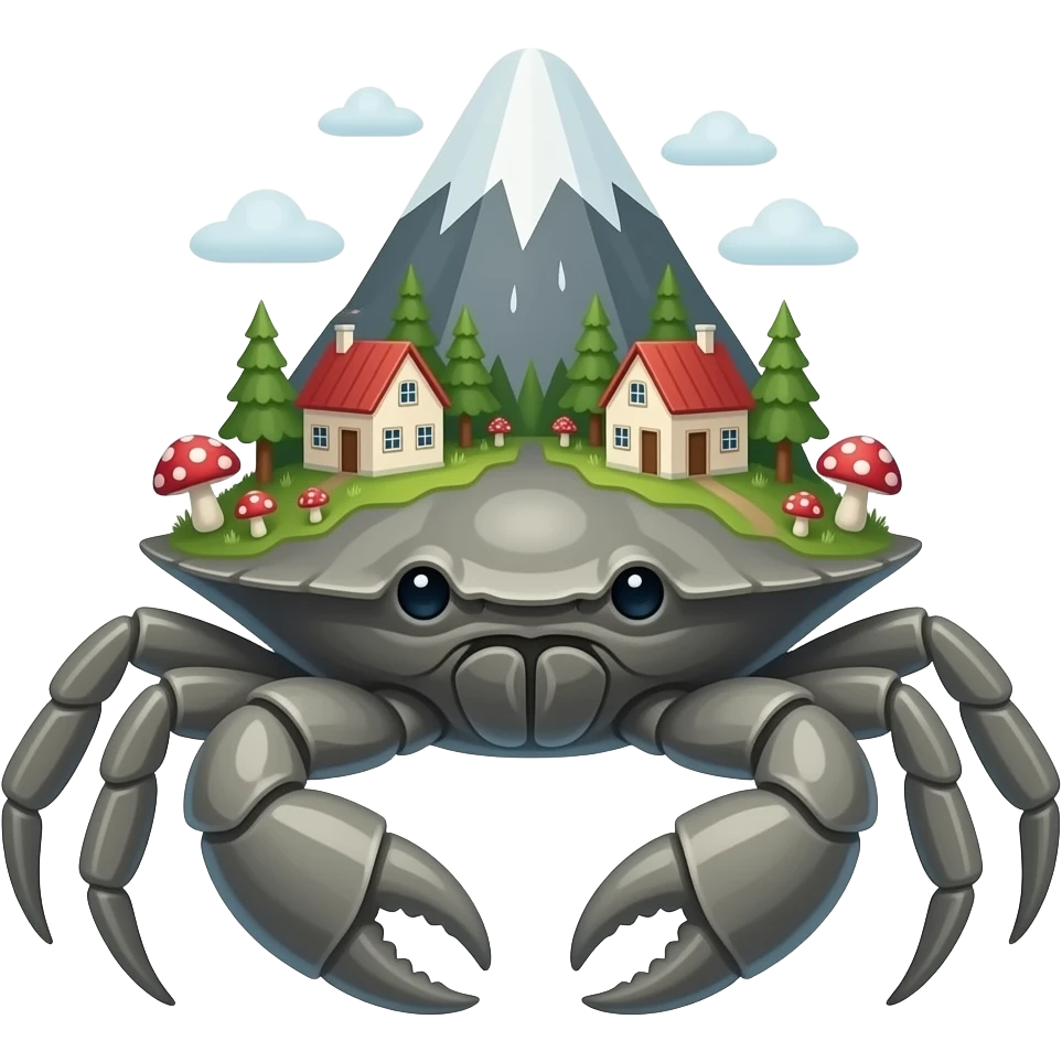 A Gray crab with houses on top of its  in trees on it and also with mushrooms on it  facing forward Giant by a mountain emoji