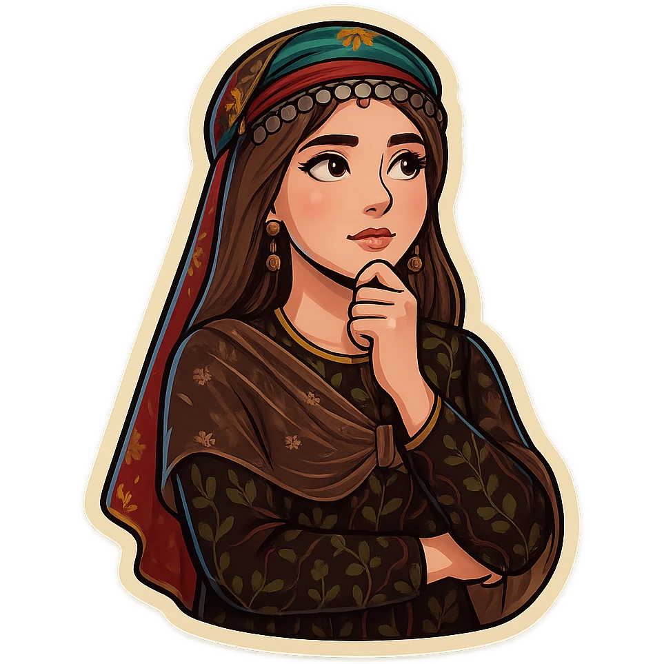Kurdish cartoon sticker of the same woman in the new dress, thinking, hand on chin, looking up, thoughtful expression, no text, transparent background emoji
