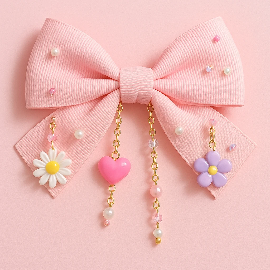 kpop bow with tiny charms and beads, cute and trendy emoji
