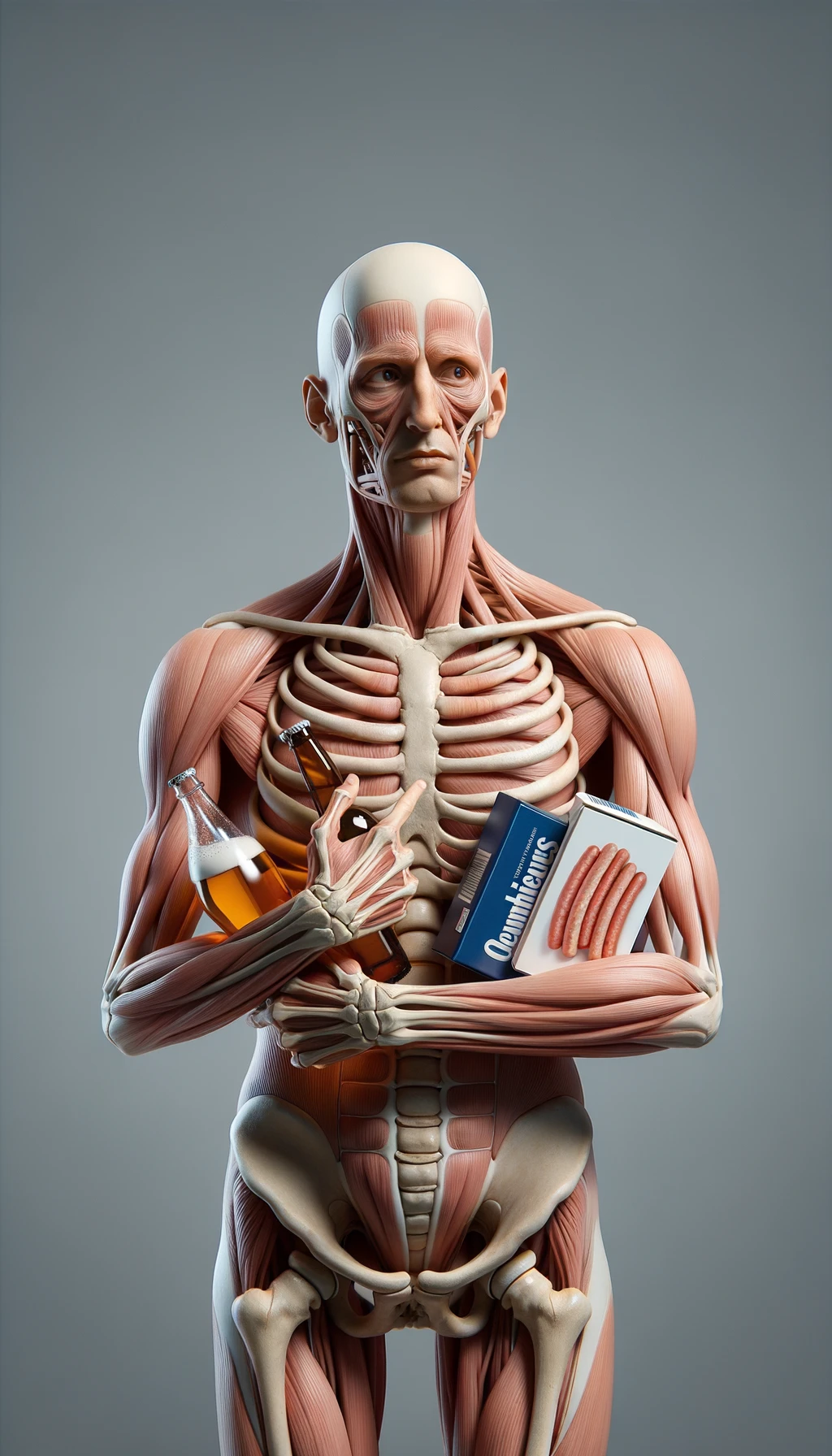 CORPO UMANO ANATOMICO CHE TRA LE BRACCIA SIGARETTE, ALCOL E WURSTEL CONFEZIONATI, LI GUARDA CON ESPRESSIONE INDECISA IN VOLTO, NEUTRAL CLEAR BACKGROUND, iperrealistico 4k emoji