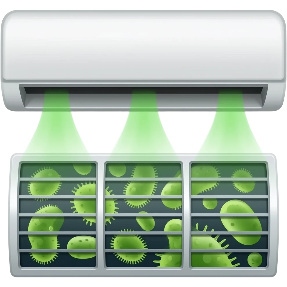 air-conditioner with green toxic air and microbe emoji