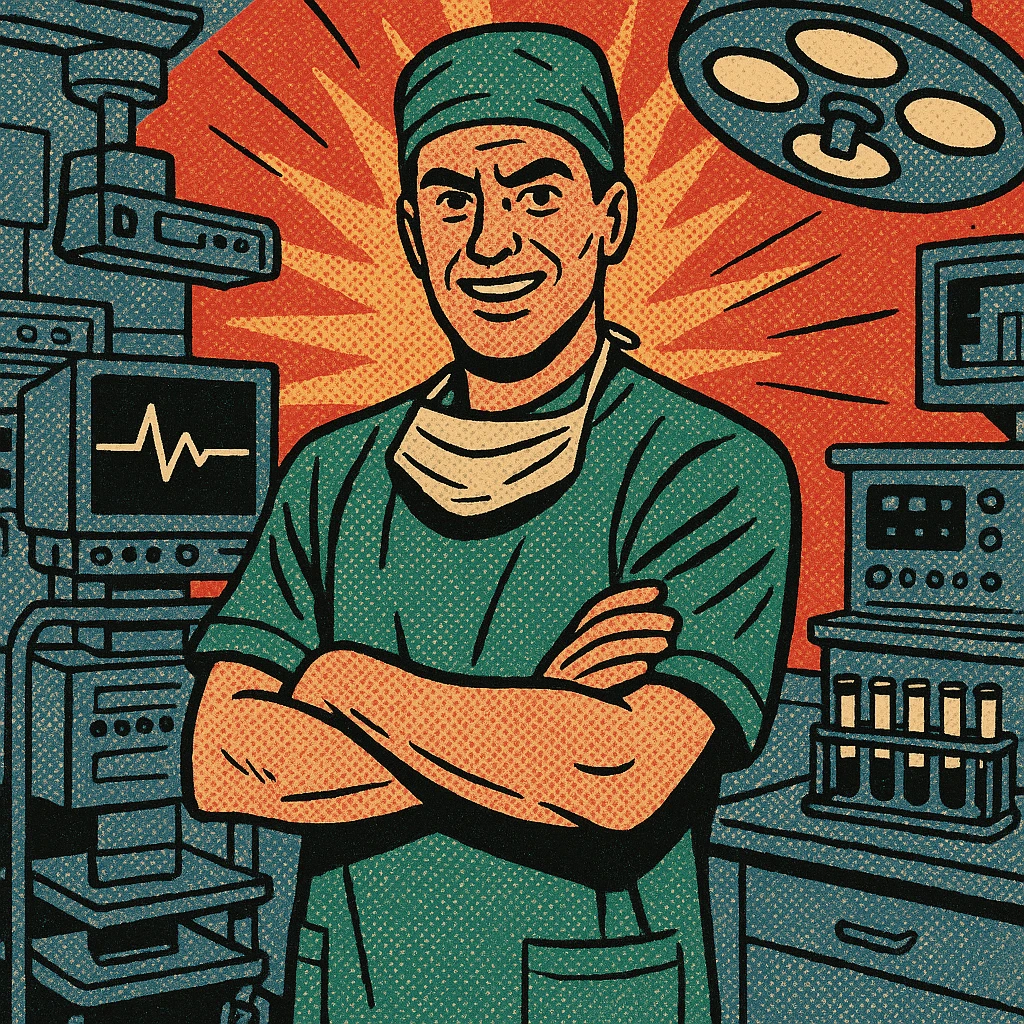 A male doctor standing in the middle of a hospital surgery room.  In the room are computers, heart monitors, a rack of test tubes and other types of medical technology. emoji