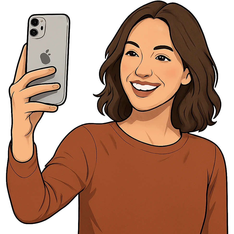 a woman holding up an iPhone to take a selfie, smiling, contemporary style, visible phone emoji