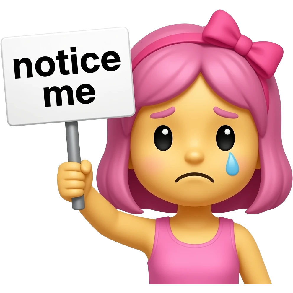 Yellow smiley with pink hairbow sad holding up a sign that says "notice me" emoji