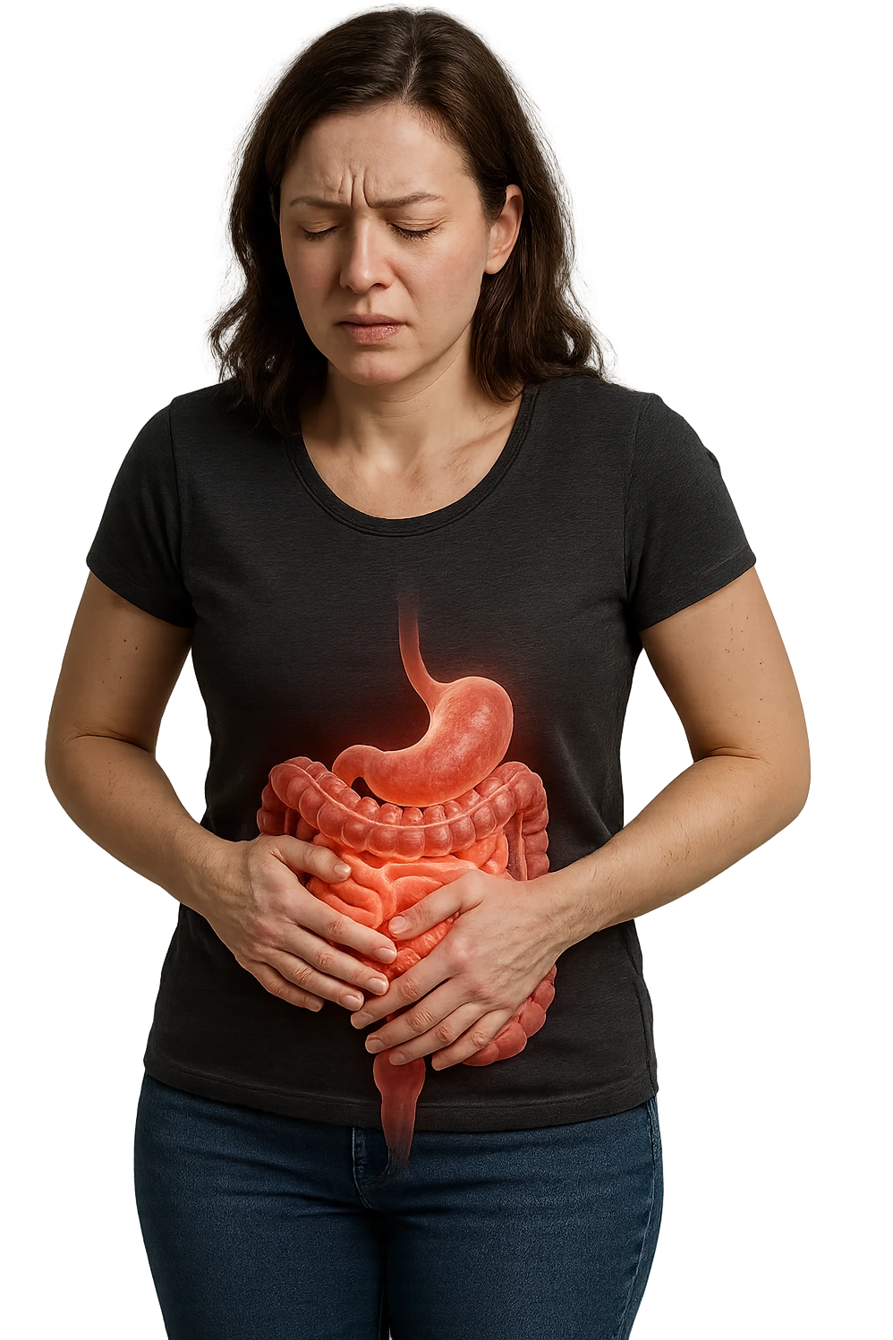 donna in piedi che si tiene la pancia con intestino umano anatomico e mal di pancia, iperrealistica 4k emoji