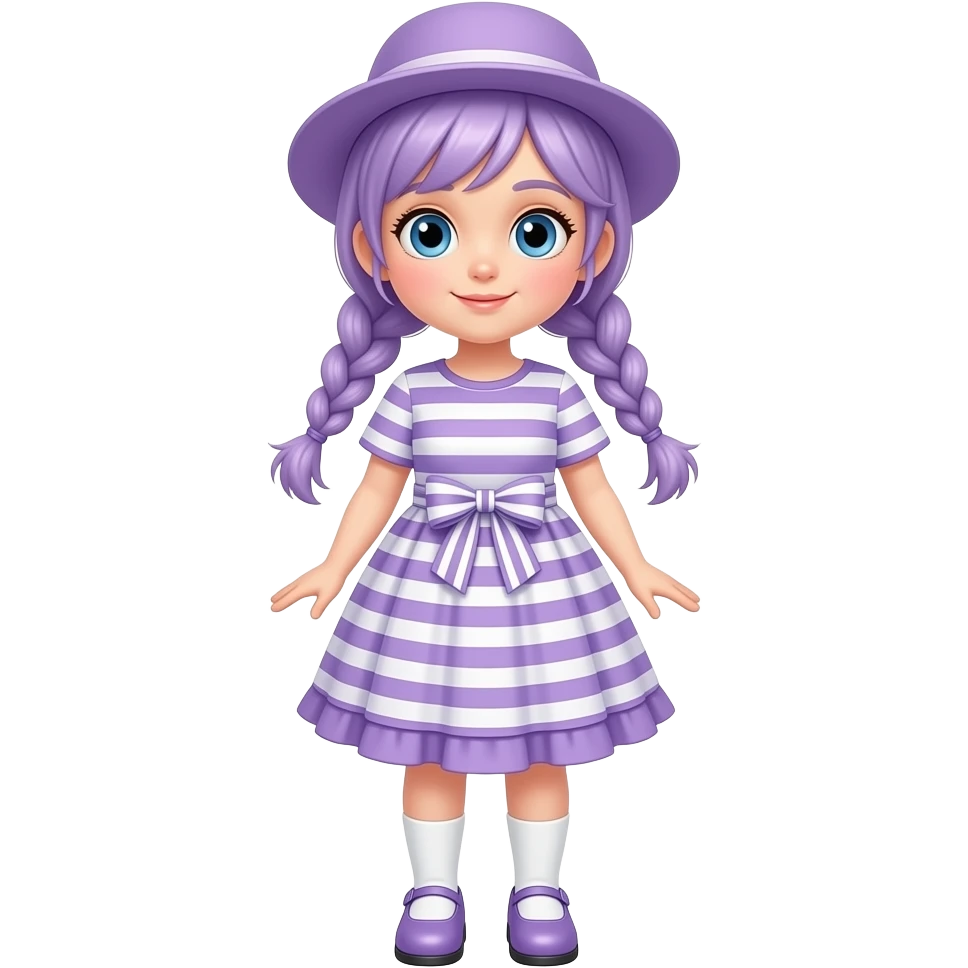 A girl with pale purple hair tied in two braids, and blue eyes. wearing a pale purple dress with pale purple and white striped short sleeves, pale purple and white striped skirt with a pale purple frill, a pale purple and white striped waistbow, a pale purple hat, white socks and pale purple shoes. emoji