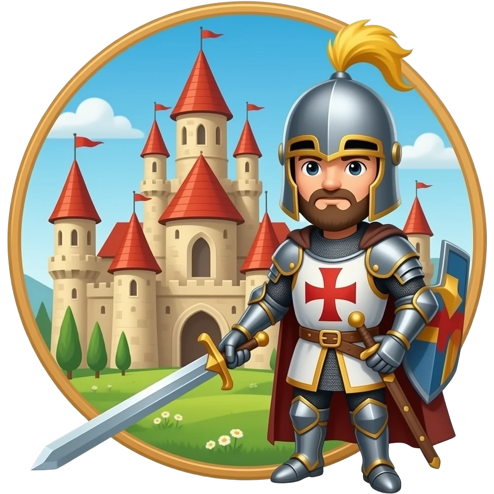 Un caballeros templarios con espada frente a un castillo emoji