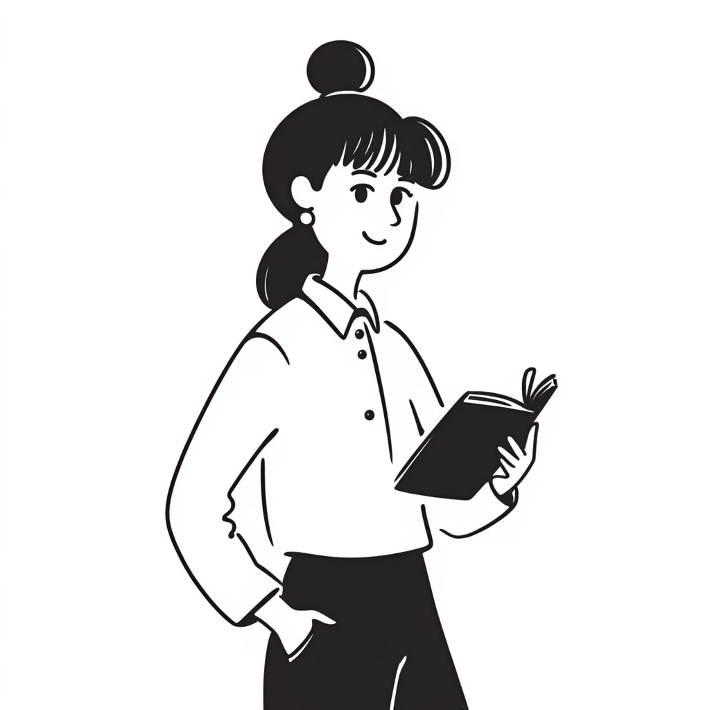middle-aged science teacher, light brown hair in ponytail with bangs, brown eyes, holding a book emoji