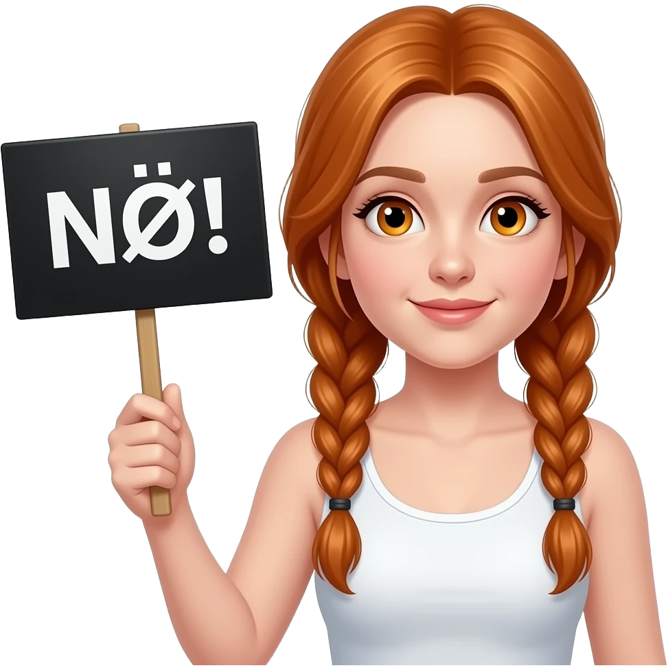 sexy girl with long ginger braids and ginger eyes wearing a white tanktop is holding a black sign with NÖ! written on it emoji