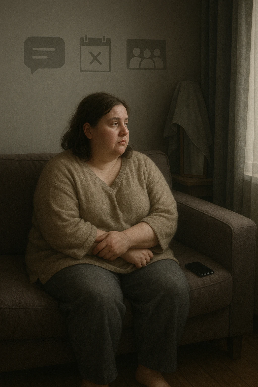 Donna tra i 30 e i 40 anni seduta sola su un divano, con espressione malinconica e corpo visibilmente appesantito. Indossa abiti larghi, avvolgenti, e guarda fuori dalla finestra mentre il telefono è spento o con notifiche ignorate accanto a lei. Sullo sfondo, si notano segnali di vita sociale assente: messaggi non letti, inviti ignorati, foto di gruppo a cui non partecipa. L’atmosfera è silenziosa, con luce grigia e ambiente spento. Intorno a lei, simboli di ritiro e insicurezza: tende chiuse, specchio coperto, postura chiusa. Stile realistico, tono delicato ed emotivo emoji