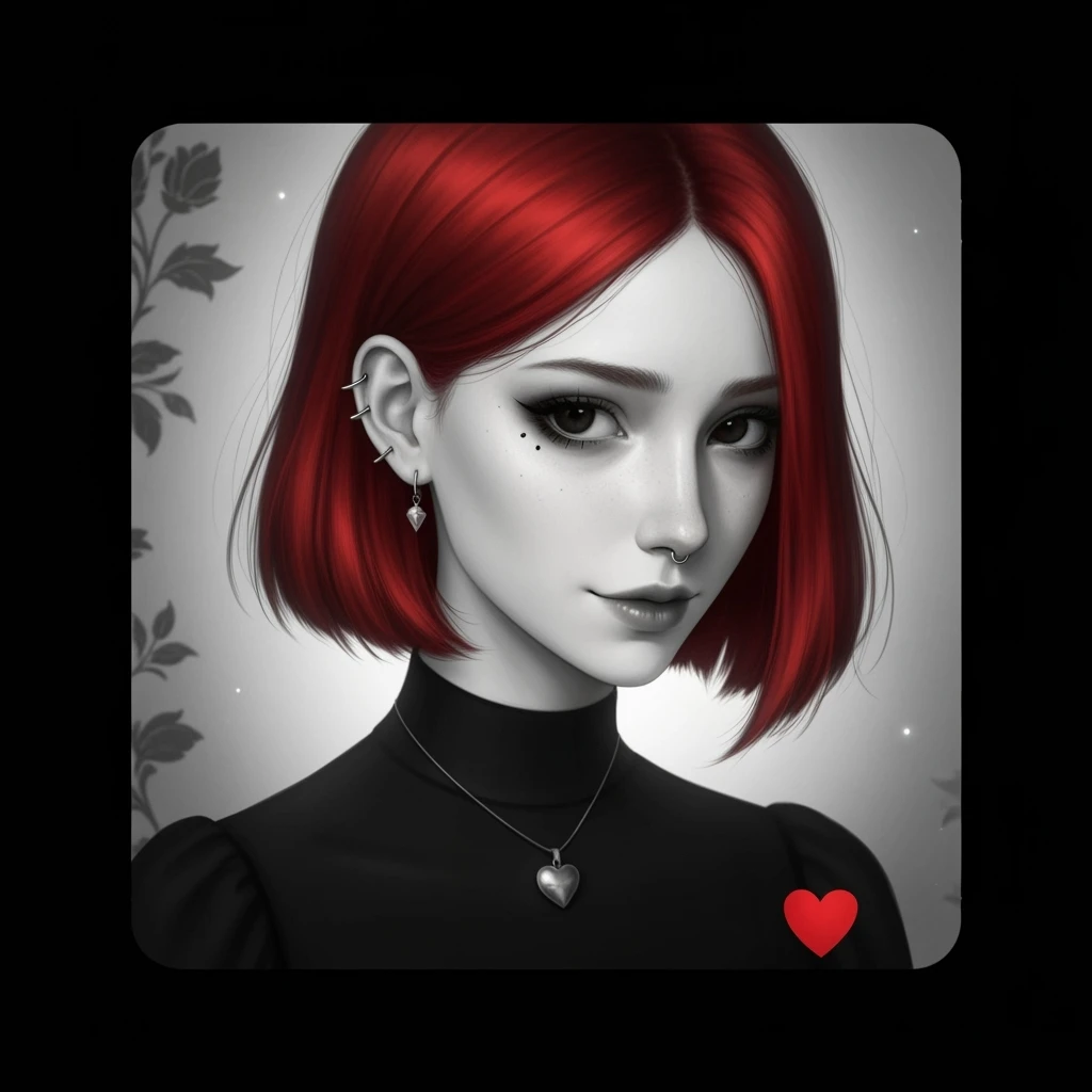 goth profile picture with a heart accent, cute, expressive, minimal, variation 3 emoji