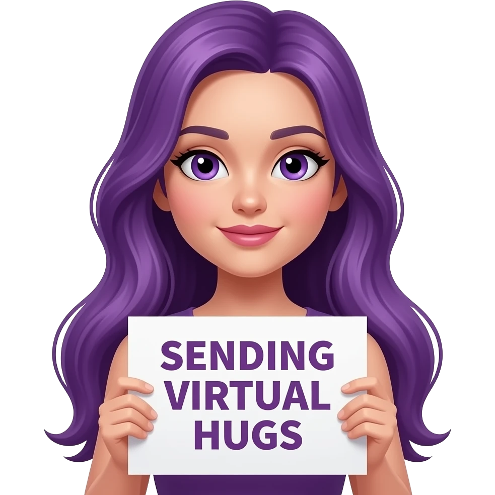 sexy girl with long purple hair and purple eyes holding a SENDING VIRTUAL HUGS sign emoji