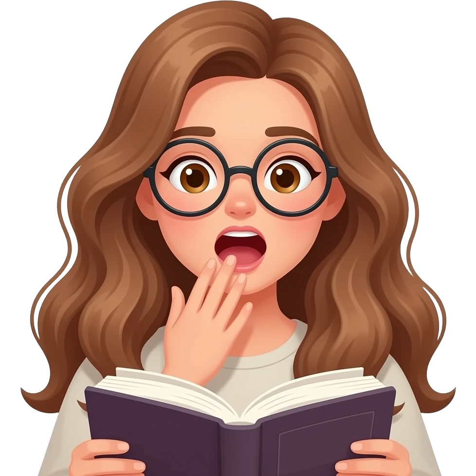 detailed emoji illustration of a curvy woman with long light brown wavy hair, light brown eyes and round glasses reading a book while yawning, late night reading instead of sleeping, cozy vibe, cute emoji style emoji