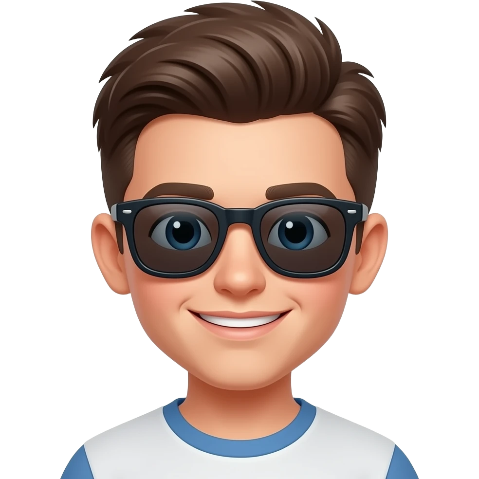 Change the hair but still boy haircut. Change expression into cheerful. Put sunglasses. Keep the artstyle emoji