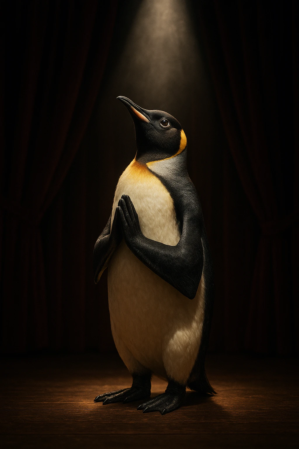 a penguin with dramatic lighting, looking upwards with flippers together in a pleading gesture, praying, theatrical style, stage-like background emoji