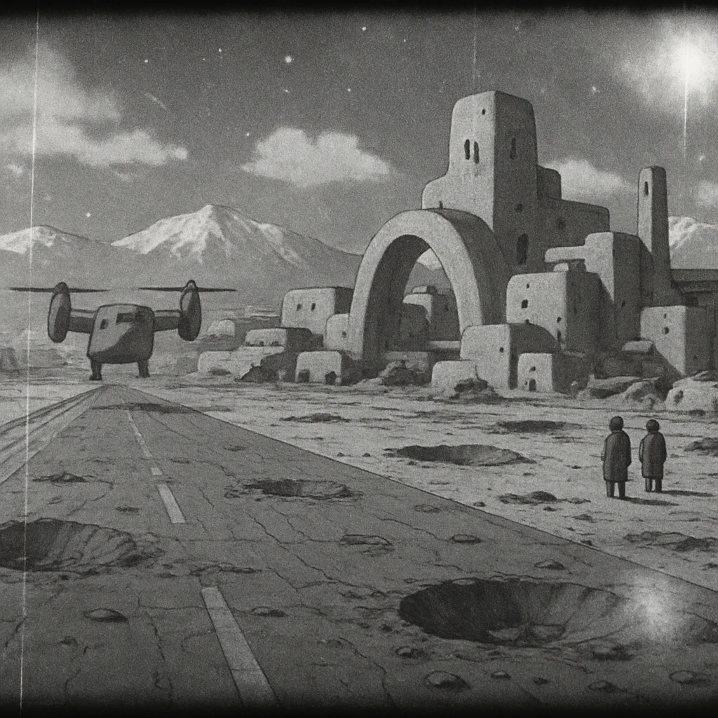 8mm film black and white, no color, light leaks. the image shows post-war reconstruction-era life in the z'rian commonwealth capital region, santa-fe neo-adobe futuristic architechture. arctic temperate region. the image shows a vast airstrip, craters and blast marks emoji