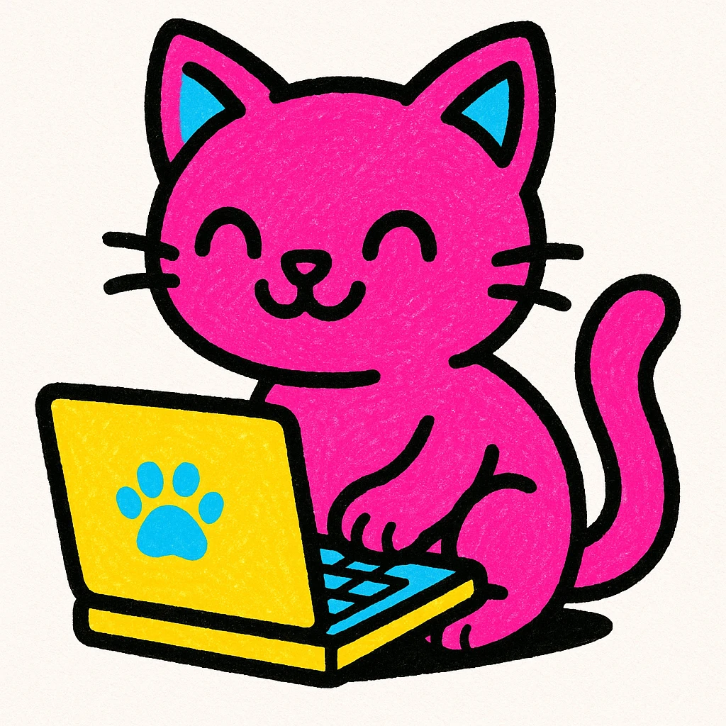 pink kitten using a laptop, vibrant and playful emoji