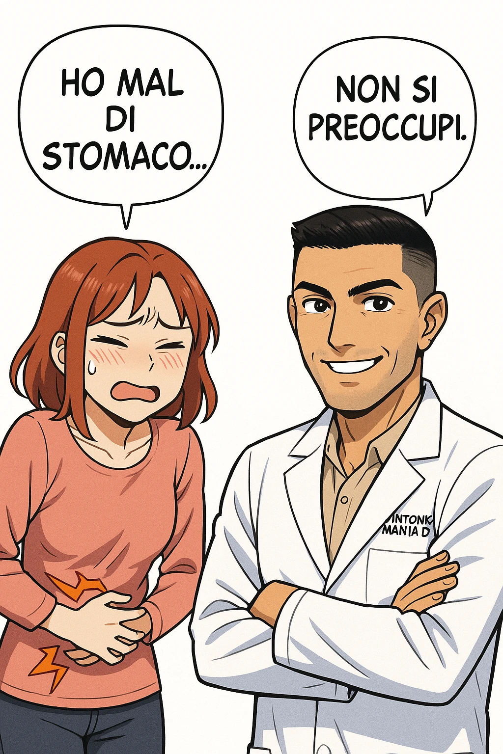 su questo stile fai un manga/webtoon a colori in cui una donna si lamenta che sta male e ha mal di pancia, l'uomo della foto in stile manga gli risponde, ISOLATO SU SFONDO BIANCO emoji