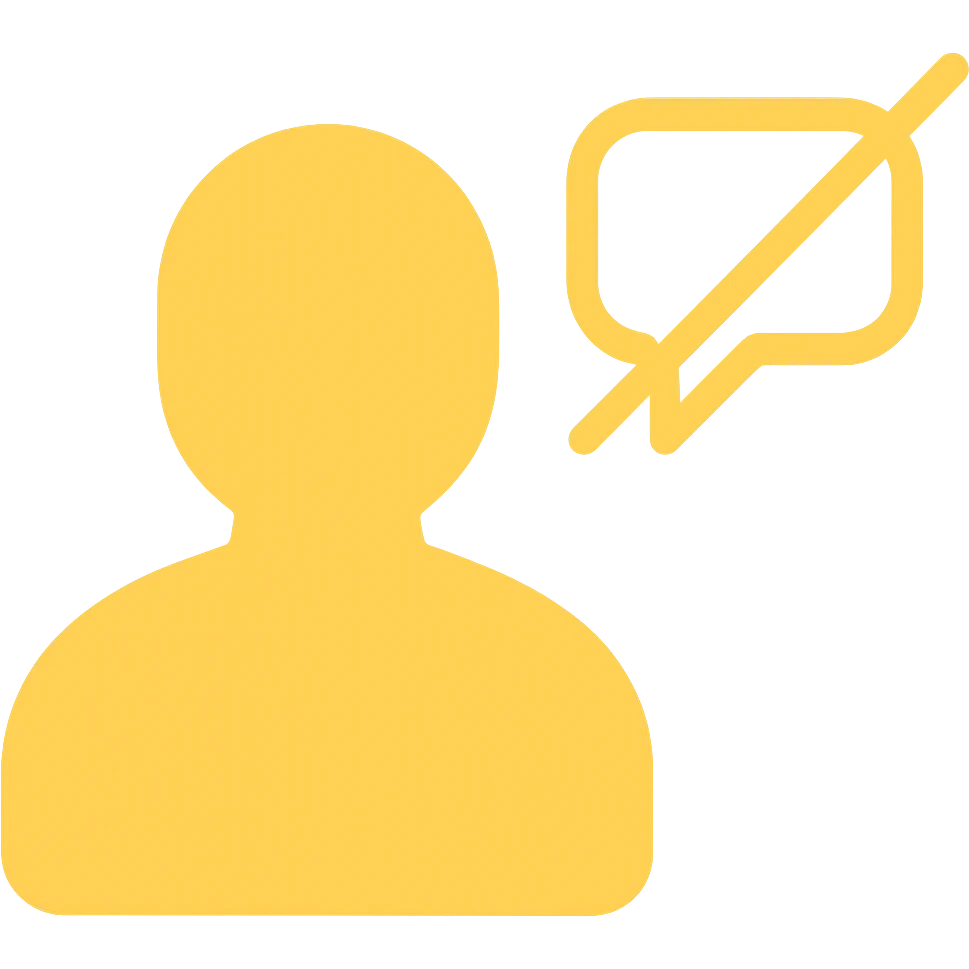 Disengaged user silhouette with a crossed-out chat bubble in minimal modern icon style, yellow color variation, no background. emoji